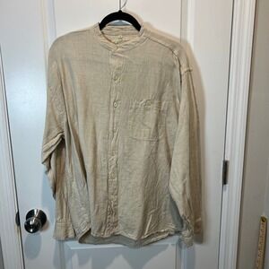 Sonam Linen Cotton Band Collar Shirt Mens Medium Beige Long Sleeve